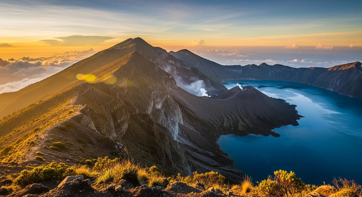Mount Rinjani crater lake Segara Anak at sunrise, Lombok